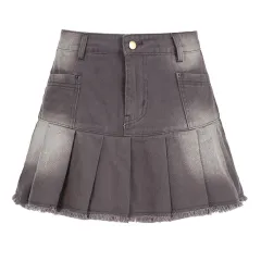 Women's Old Washed High Waist Denim Pleated Skirt - Brown - View 1