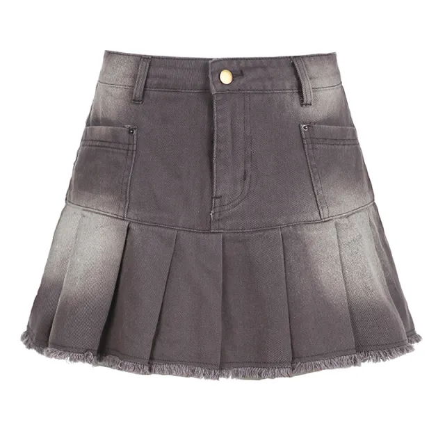 Women's Old Washed High Waist Denim Pleated Skirt Brown - Shop at LoveMi