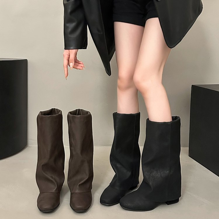 Women Slouchy Fold Over Mid Calf Boots Soft Faux Leather Wrinkled Shaft Square Toe Low Block Heel Pull On Long Boots Vintage Street Fashion Casual Fall Winter Boots