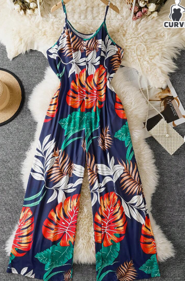 Plus Size Botanical Print Pocketed Straight Jumpsuit