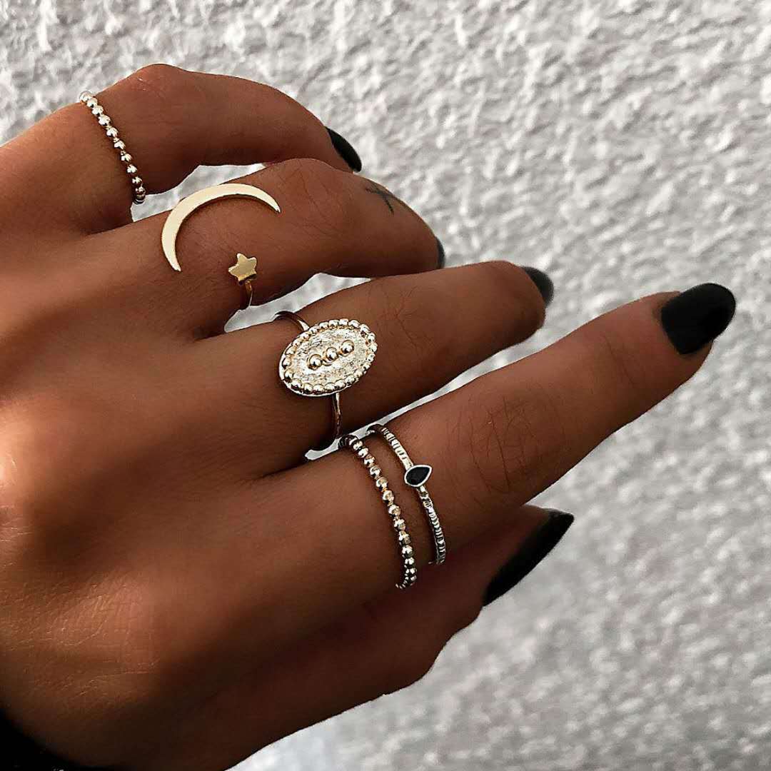 Fashion Moon Star Ring 5 Piece Set Combination