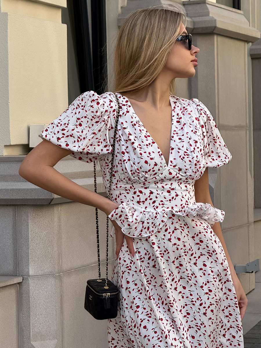 Printed Waist-cinching Puff Sleeve Dress - Image 9