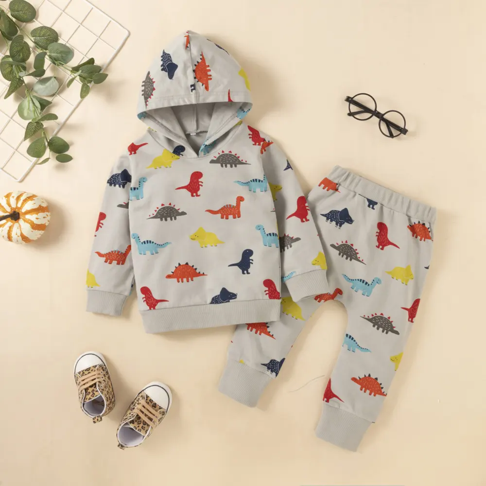Autumn and Winter Dinosaur Print Long-sleeved Trousers and Hooded