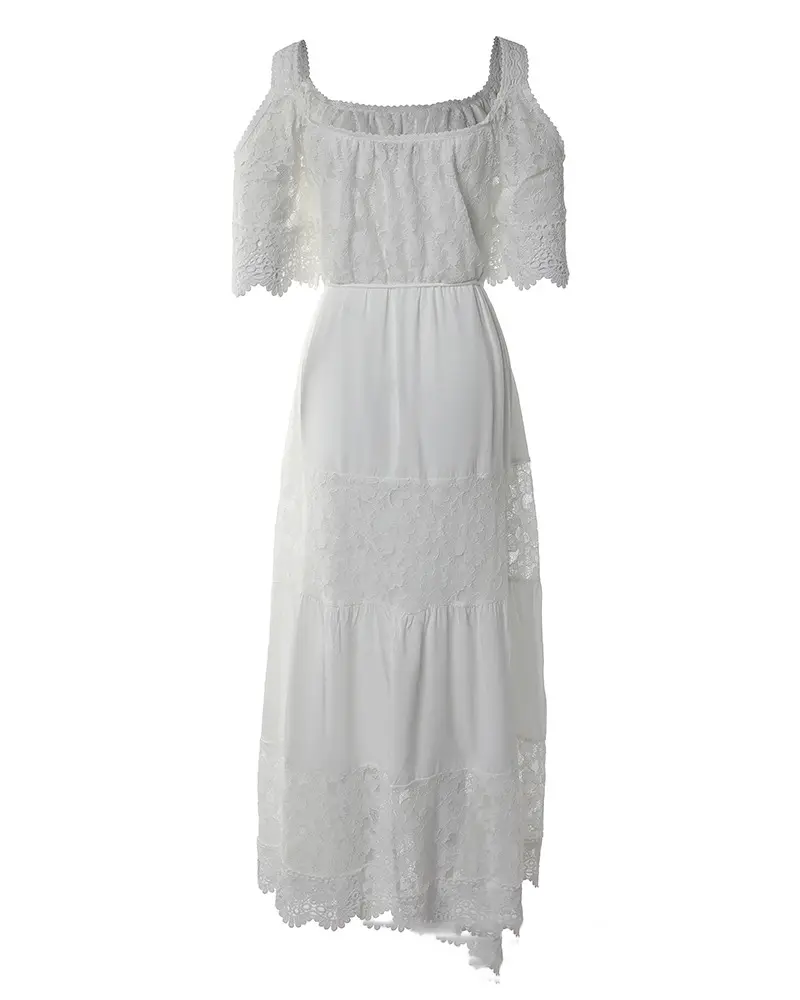New Fashion Casual Off-the-shoulder Lace Stitching Cotton And Linen Tied Dress