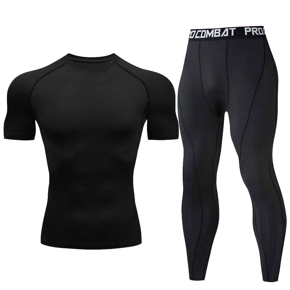 Men 2Pcs Fluorescent Green Compression Set Quick Dry Short Sleeve Tight Shirt Long Leggings Elastic Waist Sports Suit Gym Running Basketball Training Base Layer Underwear