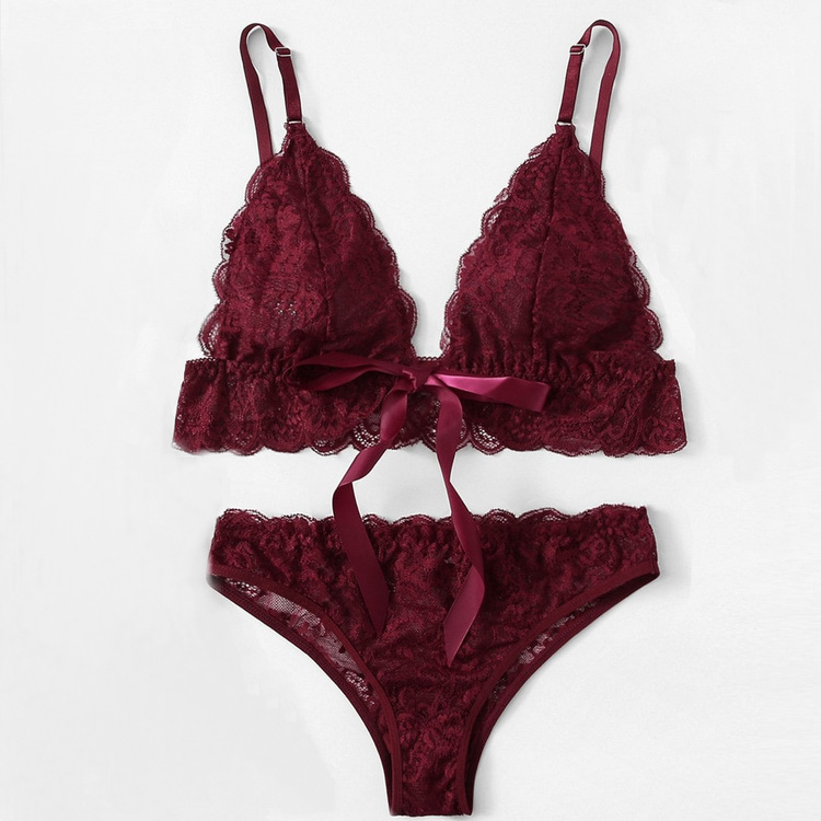 Solid Color Lace Embroidered Bikini Women's Bra Panties