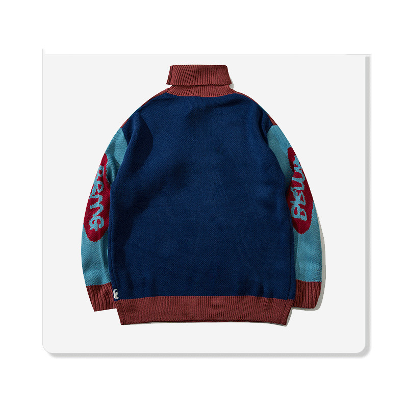 Hong Kong Style Neutral Jacquard Personality Loose Sweater All-match High Collar