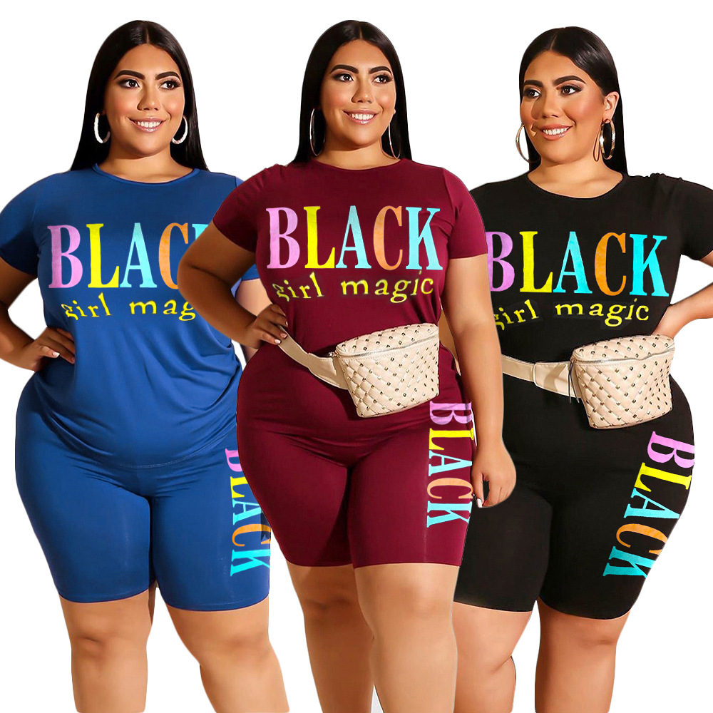 Plus Size Women's Casual Letter Printed T-shirt Shorts