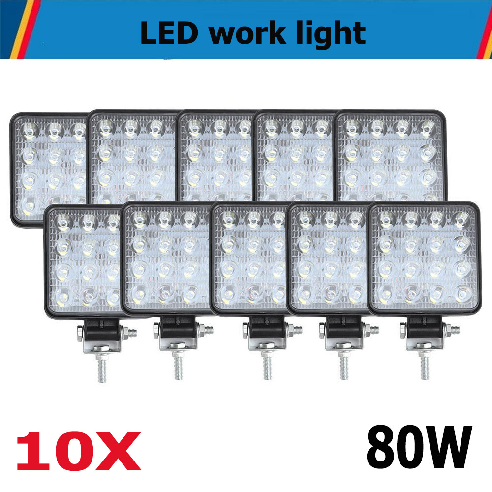 10PCS 80W  FLOOD LED Work Lights 12V Boat Off Road Camping Square 4inch Bar