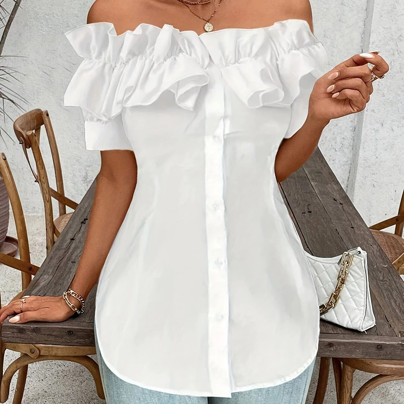Women’s Solid Color Off-Shoulder Ruffled Blouse – Waist Button-Down Shirt For Vacation & Daily Wear