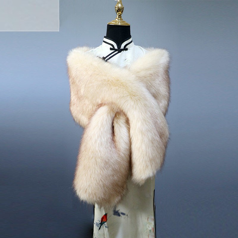 Beige long fur broad shawl