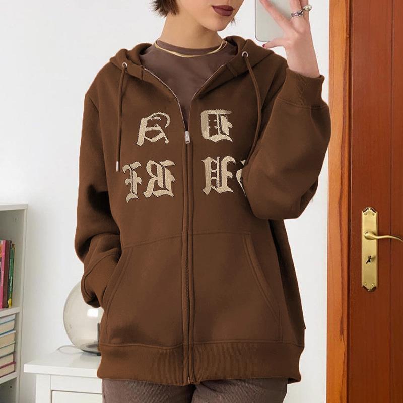 Women's Vintage Letter Embroidered Hoodie With Zip Jacket
