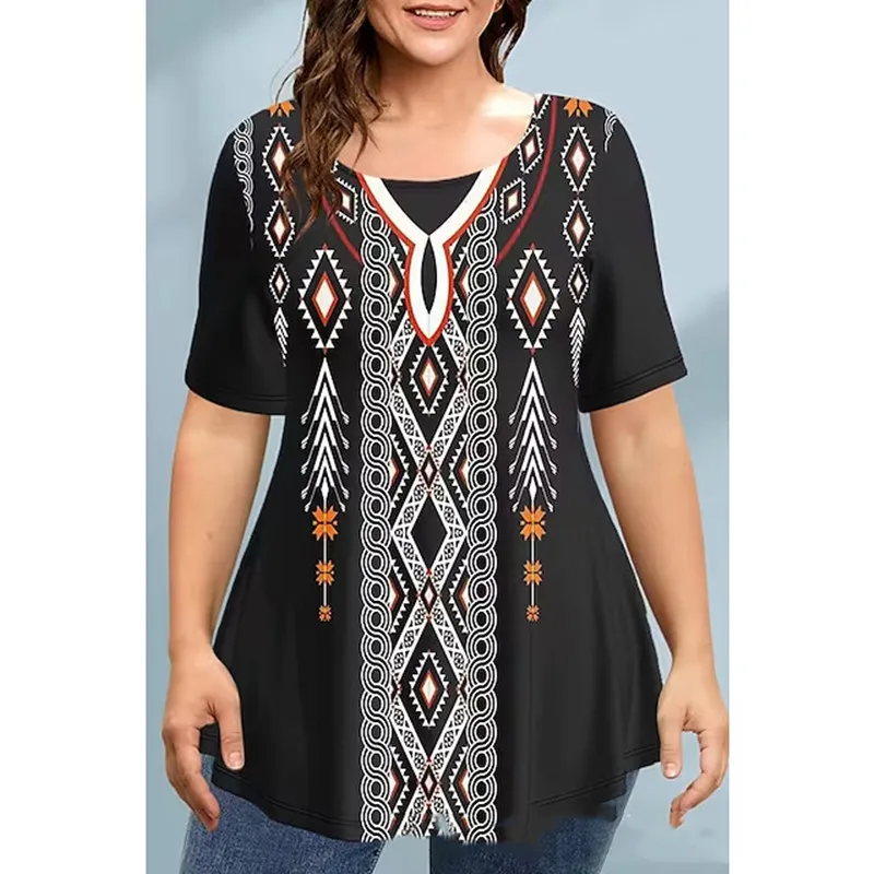 Women's Printed Short Sleeve Round Neck Long T Print - 7 Style-Xl