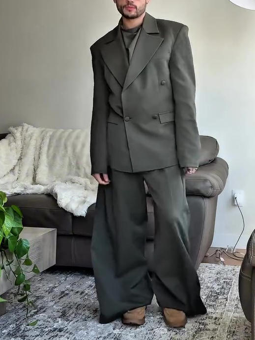 Olive Green Oversized Three-Piece Suit With Blazer, Waistcoat And Wide-Leg Pants