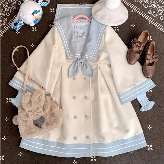 Japanese Girl College Style Stitching Woolen Coat Toffee Tie - Shop at LoveMi