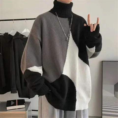 Contrasting Color High-neck Pullover Outer Wear Lazy Wind Thickened