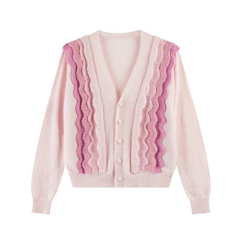 Women's Versatile V-Neck Ruffle Long Sleeve Knit Cardigan