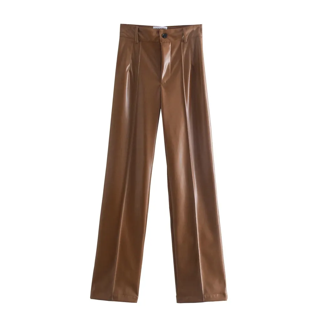 Wide Tube Women's Slim PU Leather Straight Trousers - Coffee
