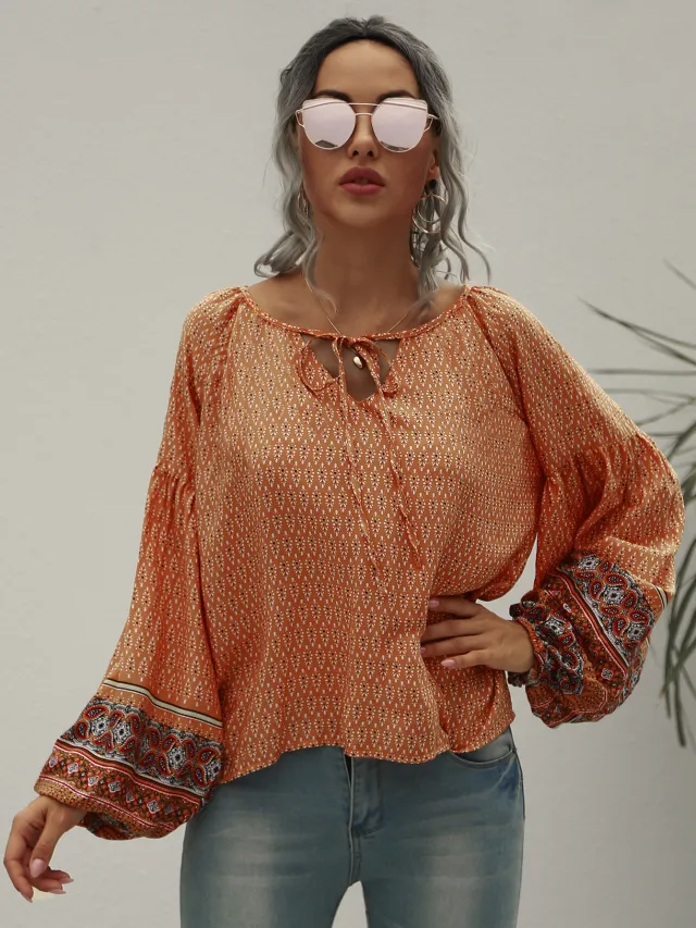 Vintage Ethnic Boho Print Tie Shirt Yellow - Shop at LoveMi