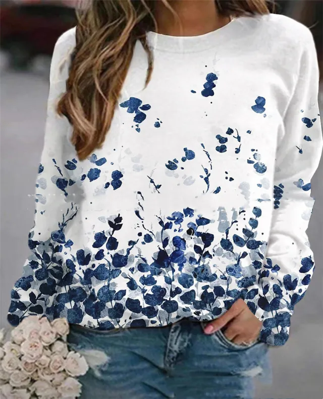 Women's Round Neck Pullover Floral Print Sweatshirt Floral - Shop at LoveMi