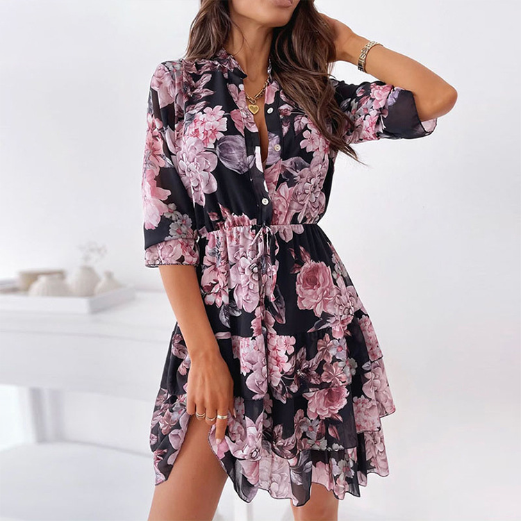 Women's Printed Temperament Slim Ruffle Dress