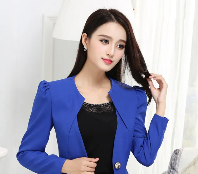 Spring And Autumn Elegant Slim Short Slim Suit Jacket Blue - Shop at LoveMi