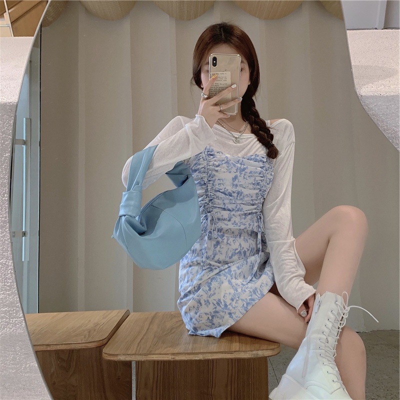 Fat Sister Slim Suit, Western Style Cover Belly, Retro Floral Sling Dress, Two-piece Scheming Two-piece Suit