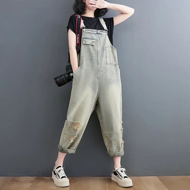Spring And Summer Art Retro Hole Jean Suspenders Women