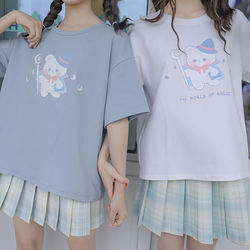 Cute T-Shirt Girl Cartoon Print Loose Short-Sleeved Student Coat