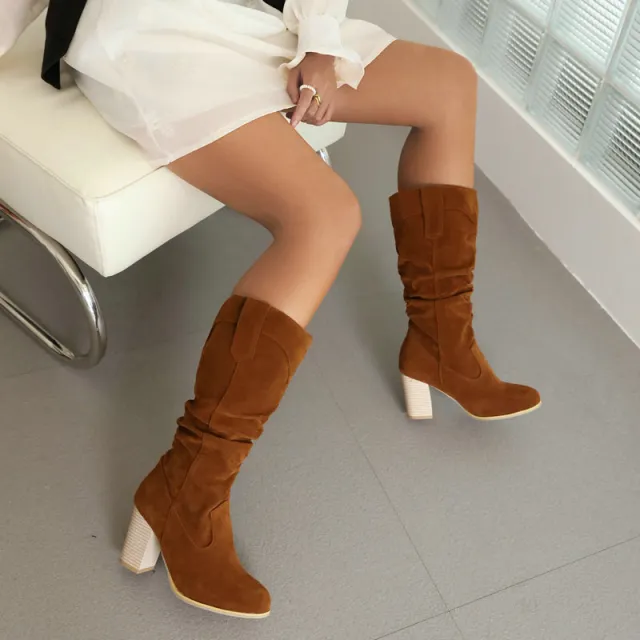 Women's Fashion Long Round Toe Thick Heel Boots Brown - Shop at LoveMi