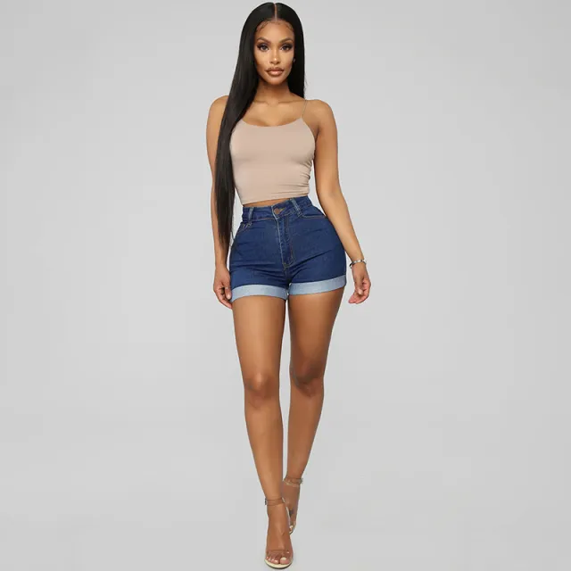 Stylish Simple High Elastic Women's Denim Shorts Navy Blue - Shop at LoveMi