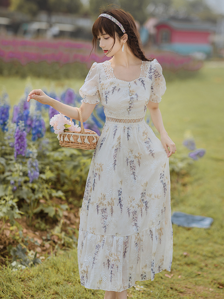 French Square Neck Puff Sleeve Gentle First Love Dress