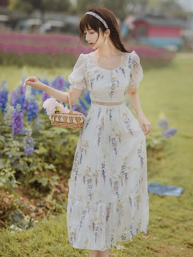 French Square Neck Puff Sleeve Gentle First Love Dress - Shop at LoveMi