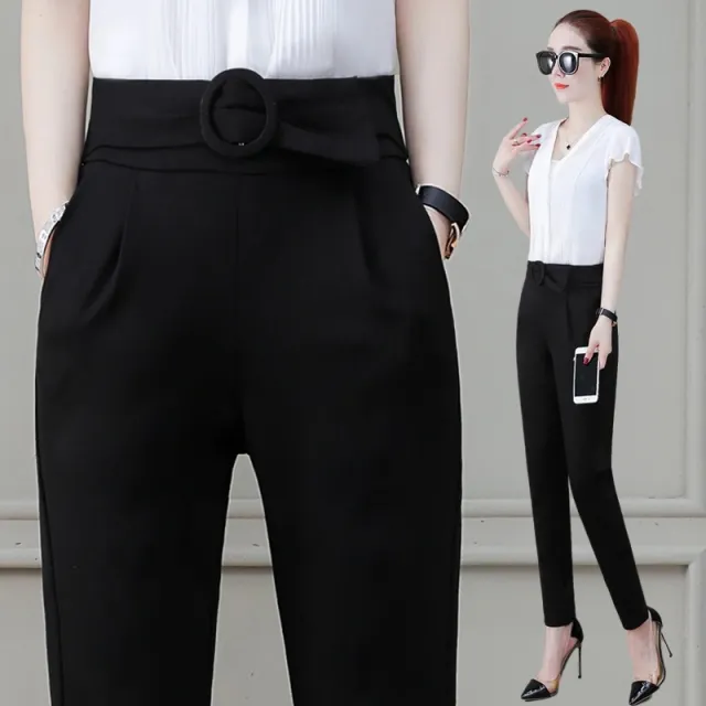 Stretch Thin Striped Professional Harem Pants Fashion All match Casual Pants Pure Black - Shop at LoveMi