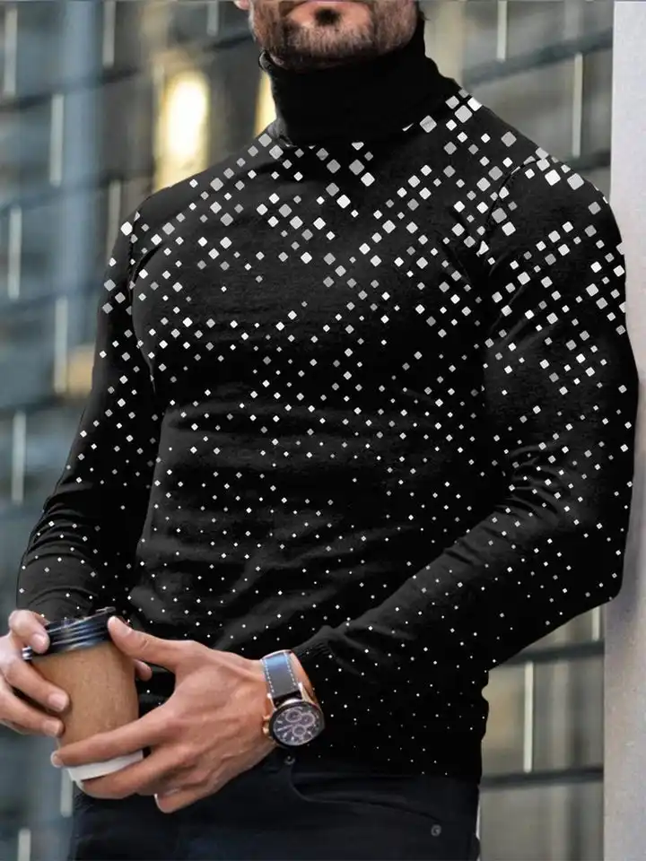 Autumn Winter Men's Long Sleeve Turtleneck T Shirt Printed Casual Top