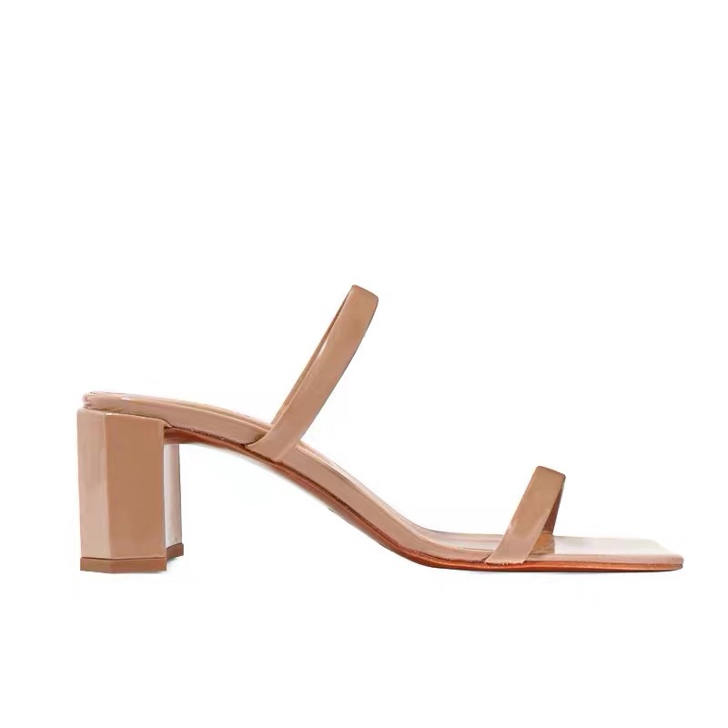 One Word Belt High Heels Square Toe Thick Heel Sandals For Outer Wear