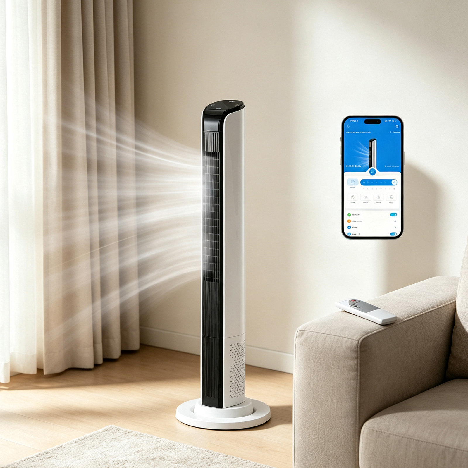 42 Inch Smart Tower Fan, 110V 65W All-Copper Motor Bladeless Standing Fan, Remote WiFi APP Control, Digital Display, 3 Speeds 3 Modes, 12H Timer, Spac