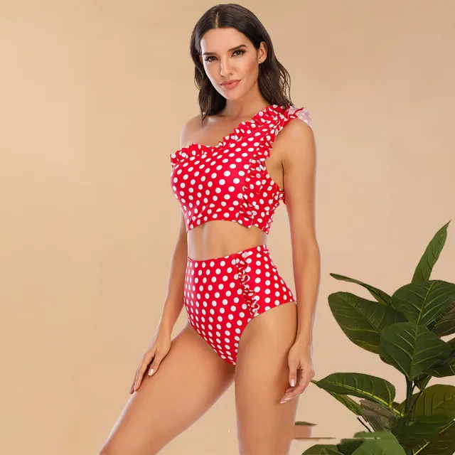 Flounced One shoulder Bikini High Waist Swimming Trunks Swimsuit Set Red - Shop at LoveMi
