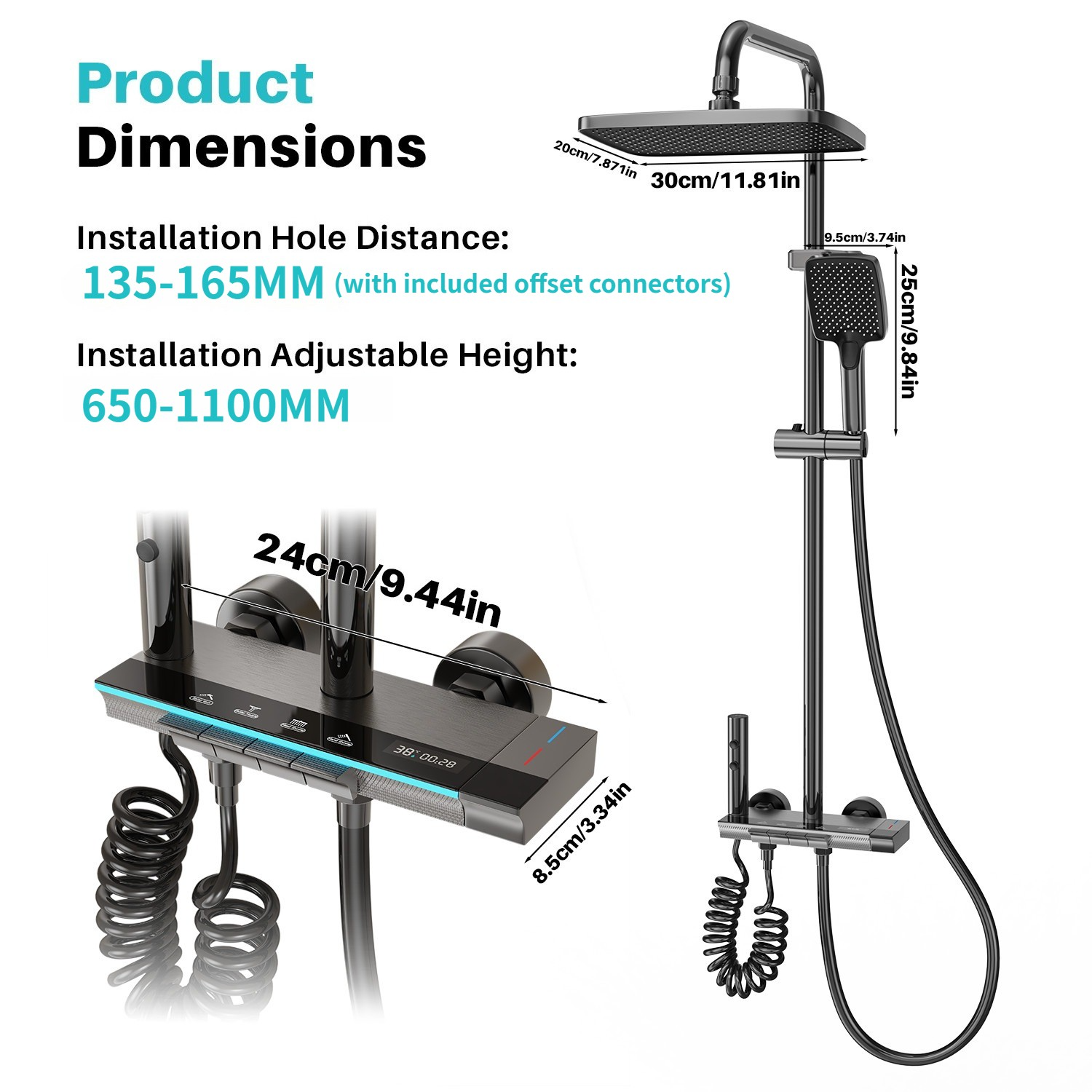Bathroom Thermostatic Exposed Shower Mixer Twin Head Large Square Bar Set Chrome — image 6