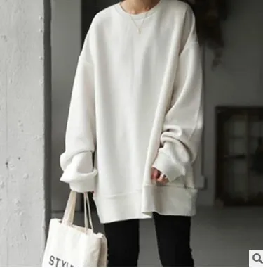 Autumn And Winter New Style Solid Color Mid-length Loose Round Neck Blouse Women - White