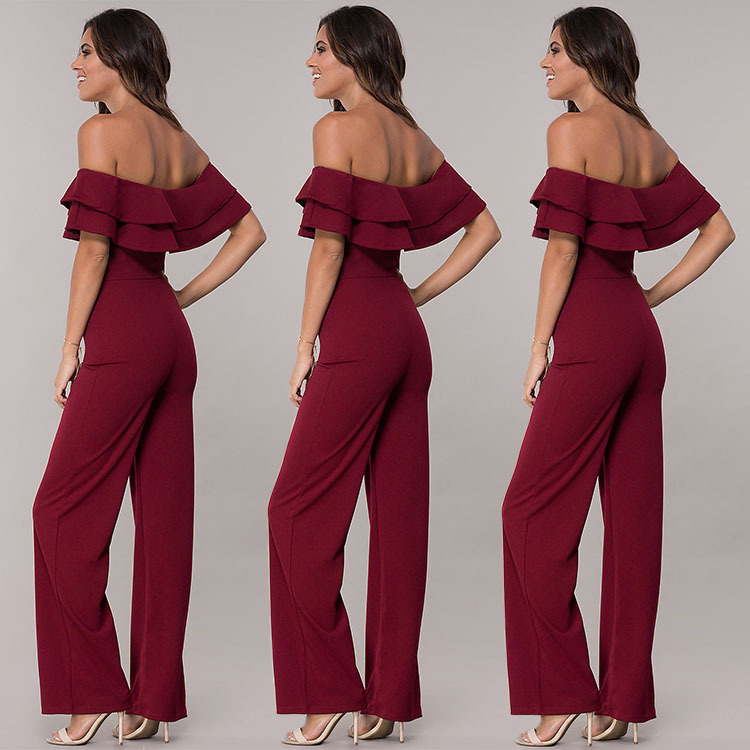Women's Fashion Casual Pure Color Ruffles Jumpsuit