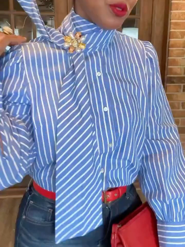 Blue & White Striped Removable Bow Tie Long Sleeve Shirt