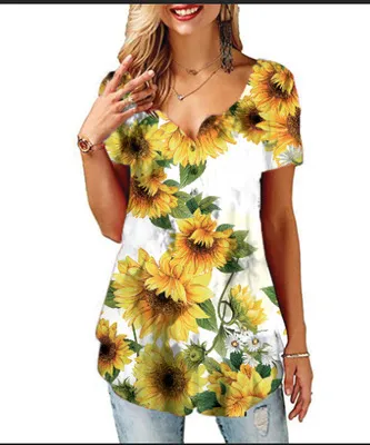 Printed V-neck T-shirt Cross-border European And American Women's Short Sleeves - 869Sunflower