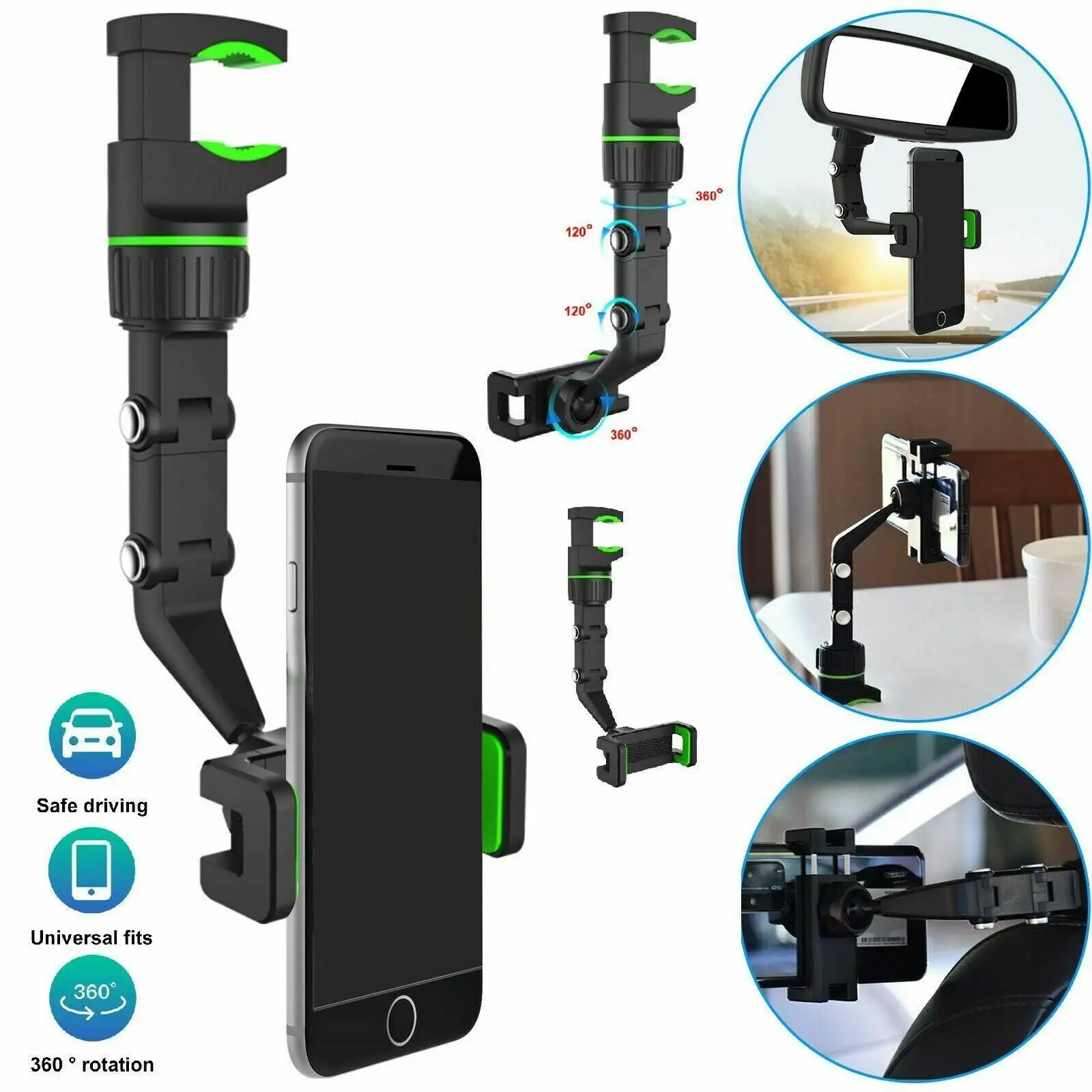 Car Rearview Mirror Rotation Adjustable Phone Holder Mount Multifunction