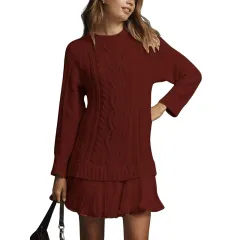 Women's Solid Color Cable Knit Sweater With Lace Hem, Round Neck Long Sleeve Top For Autumn And Winter - Wine Red - View 1