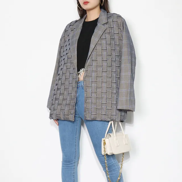 Personalized Grey Plaid Jacket With Heavy Pleating Grey - Shop at LoveMi