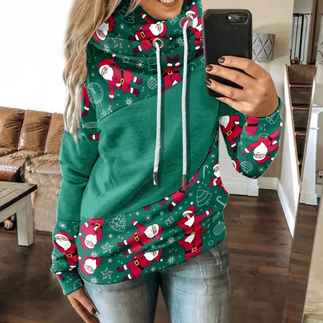 Autumn And Winter Casual Fashion Christmas Print Long sleeved Hooded Sweater Green - Shop at LoveMi