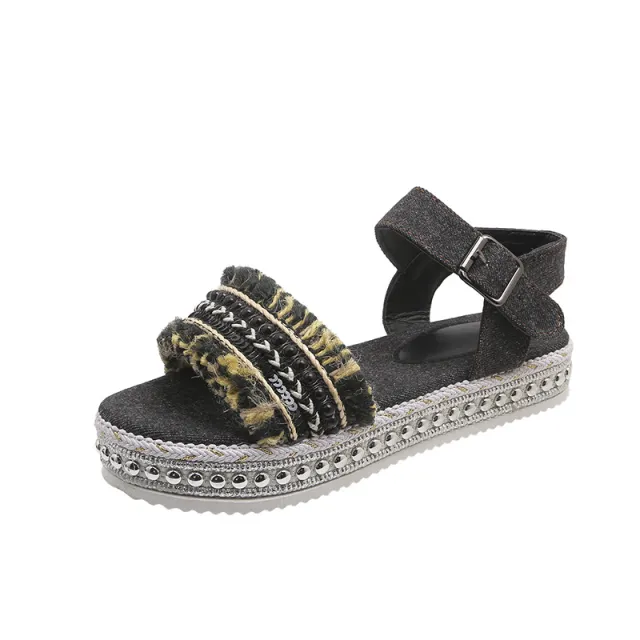 Fashion Tassel Denim Sandals With Thick soled Flat Heel New Summer Hemp Rope Sole Ethnic Style Shoes For Women Black - Shop at LoveMi