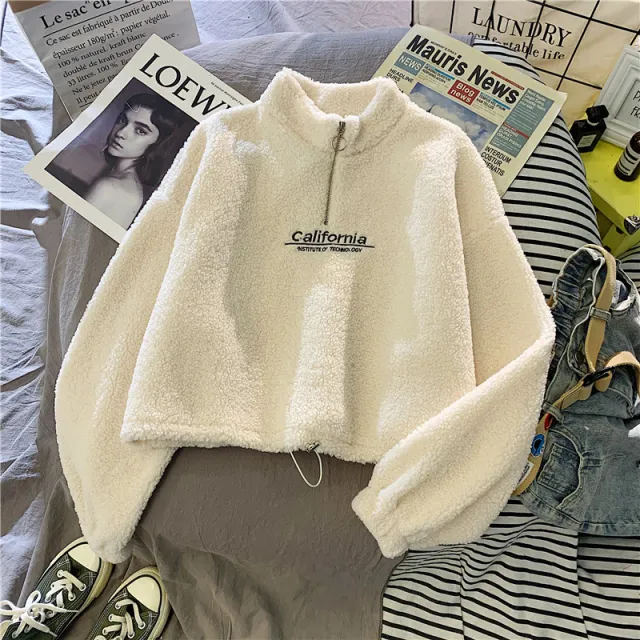 Cut Waist Sweater Lamb Velvet Coat Thick Embroidered California Letters White - Shop at LoveMi