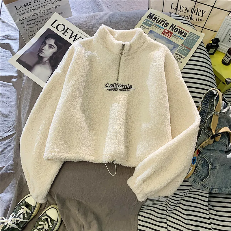 Cut Waist Sweater Lamb Velvet Coat Thick Embroidered California Letters - White